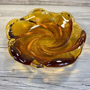 Vintage FENTON Amber Color Mid-Century Modern Swirl Glass Ashtray/Trinket Dish.